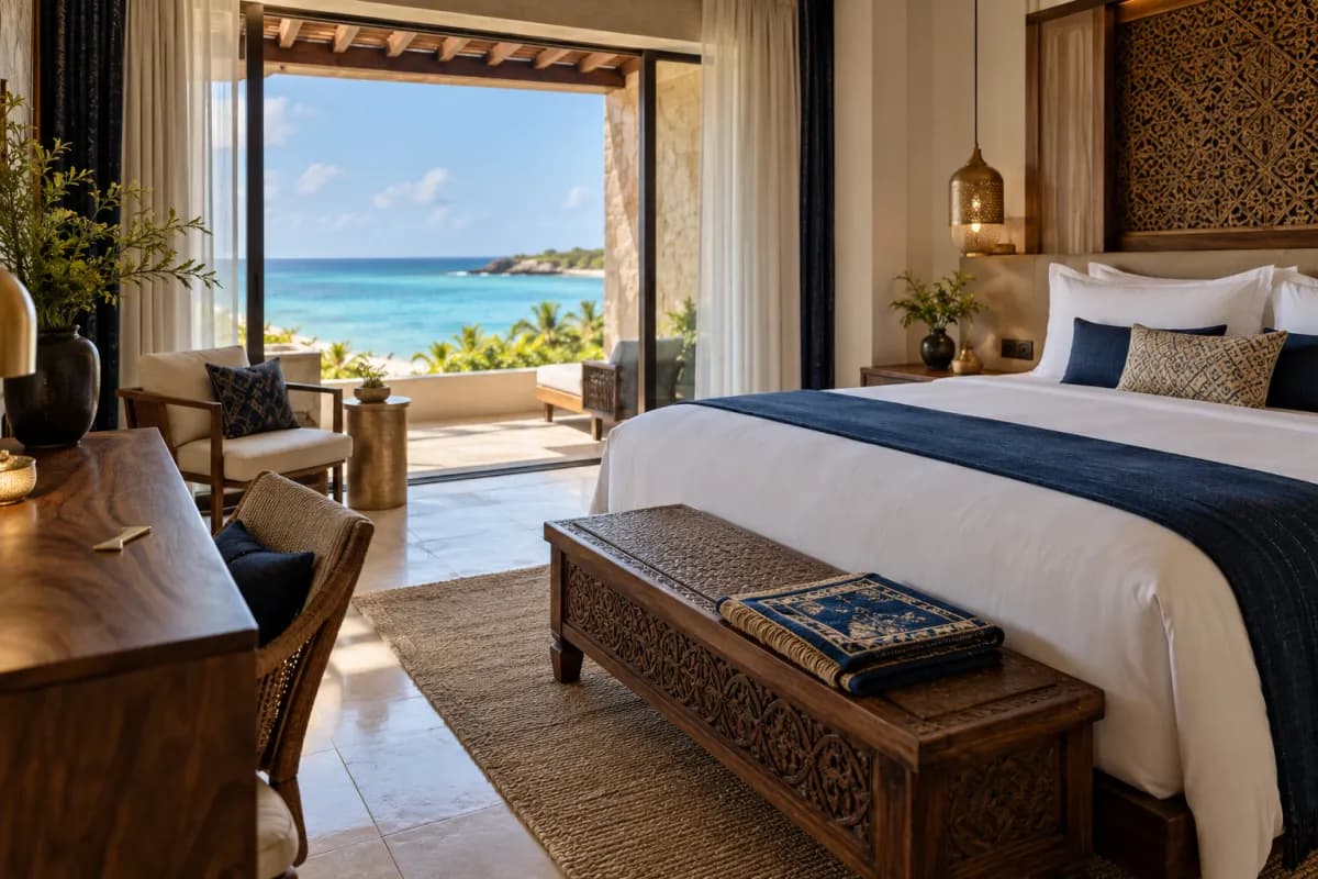 Habitación de hotel con tapete de oración y vista al mar