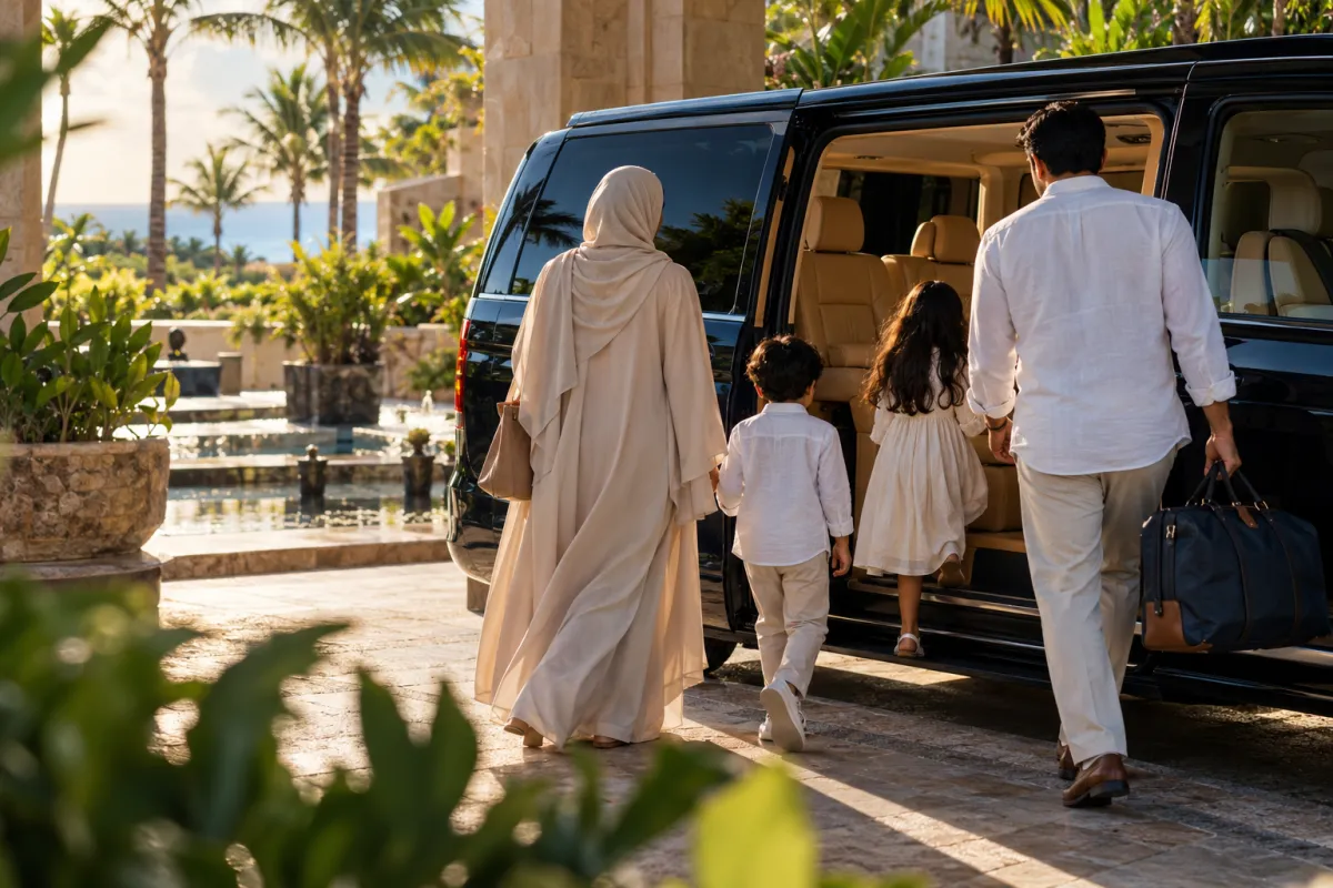 Familia abordando una camioneta de traslado en la entrada de un hotel