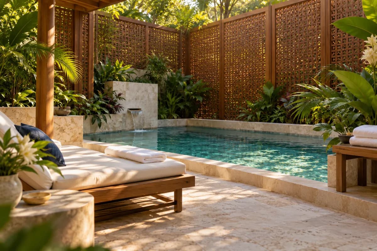 Alberca de spa privada rodeada de celosías de madera