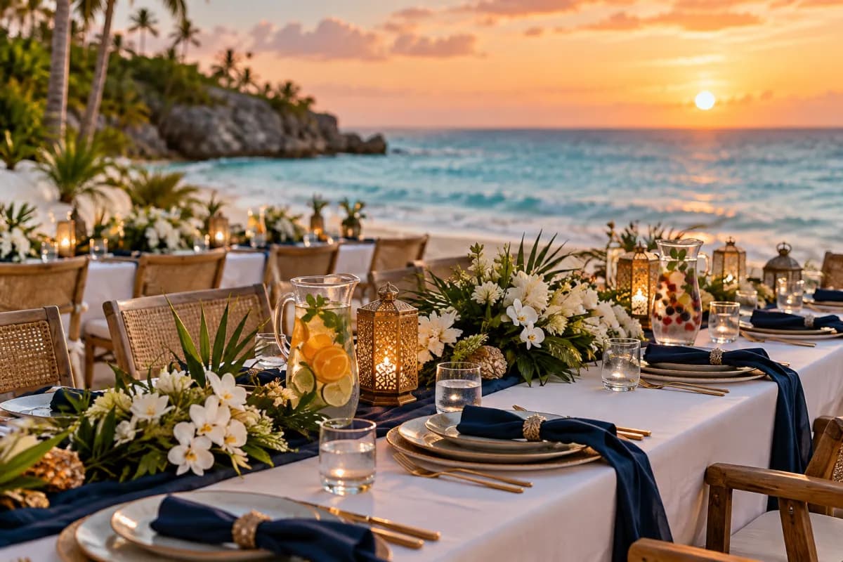 Banquete de boda en la playa al atardecer
