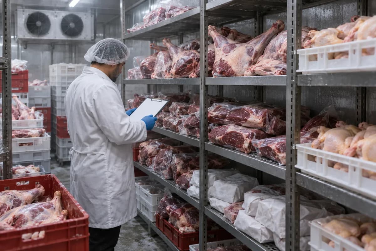 Cámara fría con cortes de carne empacados y control de inventario